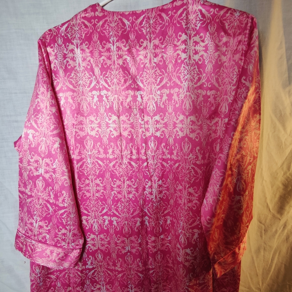 Miss Elaine Pink Satin Damask Robe M Full Zip Tassel Pockets Soft Lounge - Picture 11 of 15